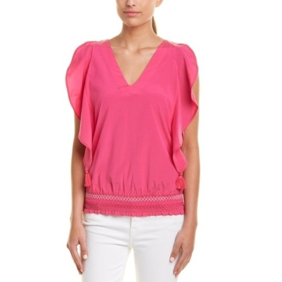 Trina Turk Cancun V-Neck Silk-Blend Top, Fuchsia - Picture 1 of 2